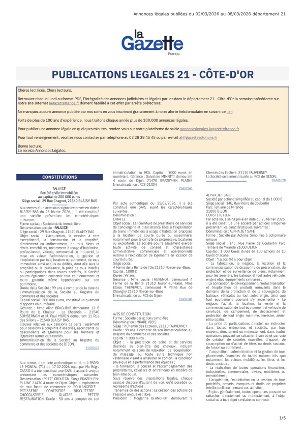 AJL Côte-d'Or du 02/03/26 au 08/03/26