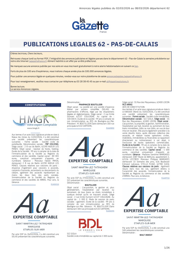 AJL Pas-de-Calais du 02/03/26 au 08/03/26