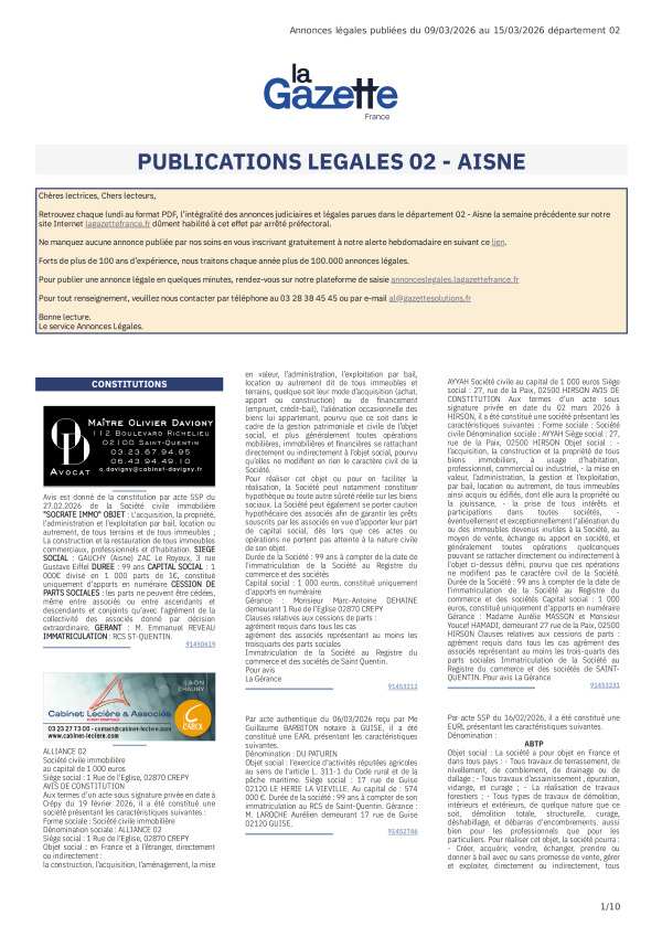 AJL Aisne du 09/03/26 au 15/03/26