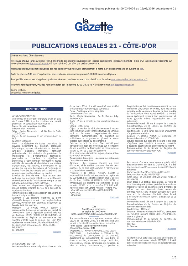 AJL Côte-d'Or du 09/03/26 au 15/03/26