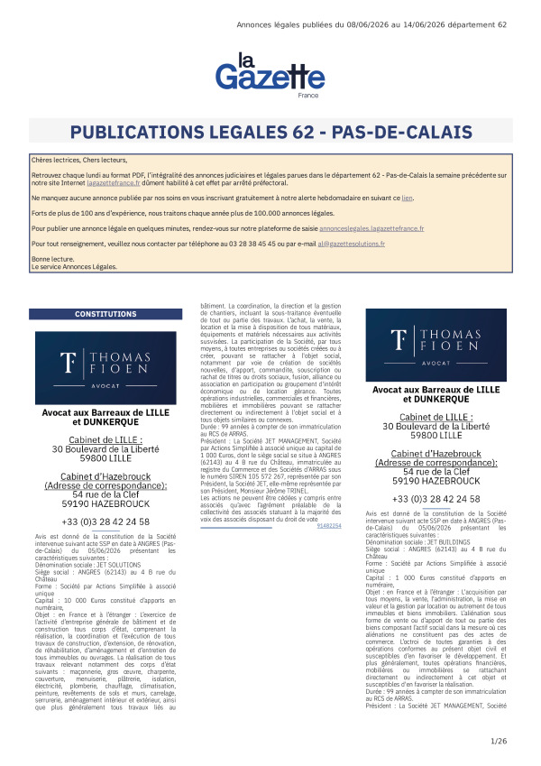 AJL Pas-de-Calais du 08/06/26 au 14/06/26