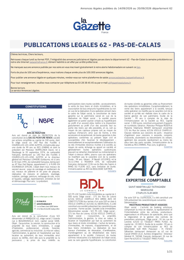AJL Pas-de-Calais du 14/09/26 au 20/09/26