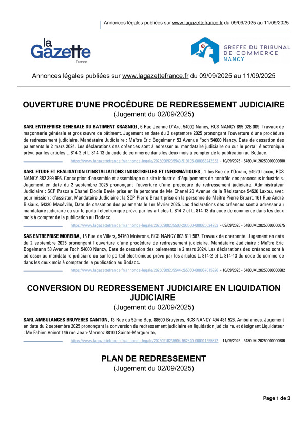 Annonces légales publiées du 09/09/2025 au 11/09/2025