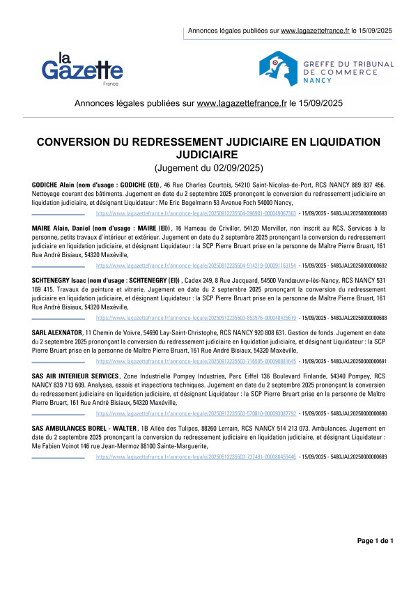 Annonces légales publiées le 15/09/2025