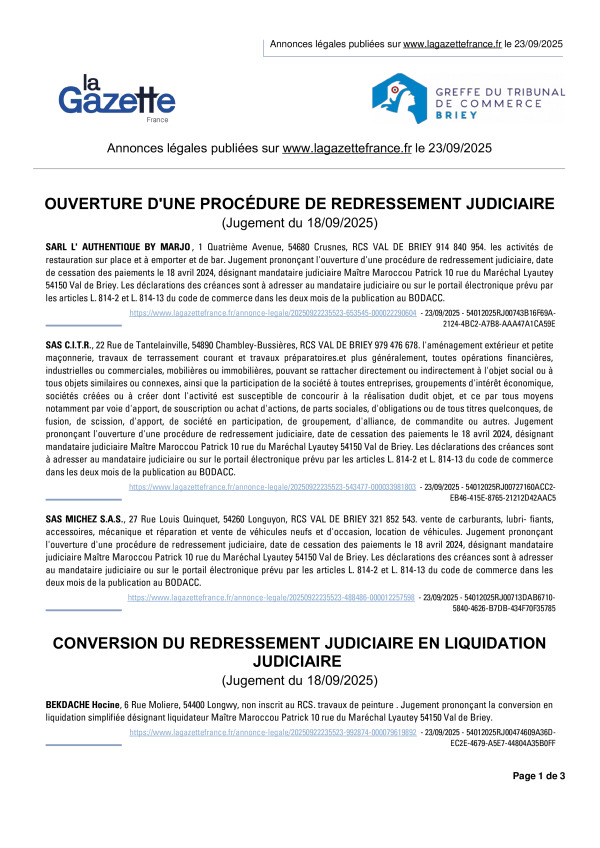 Annonces légales publiées le 23/09/2025