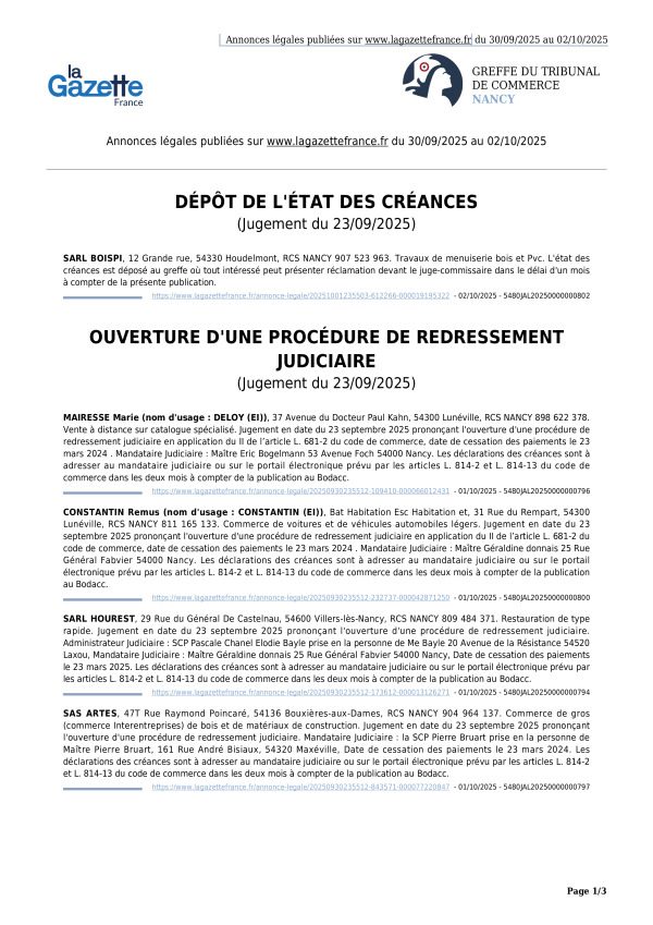 Annonces légales publiées du 30/09/2025 au 02/10/2025