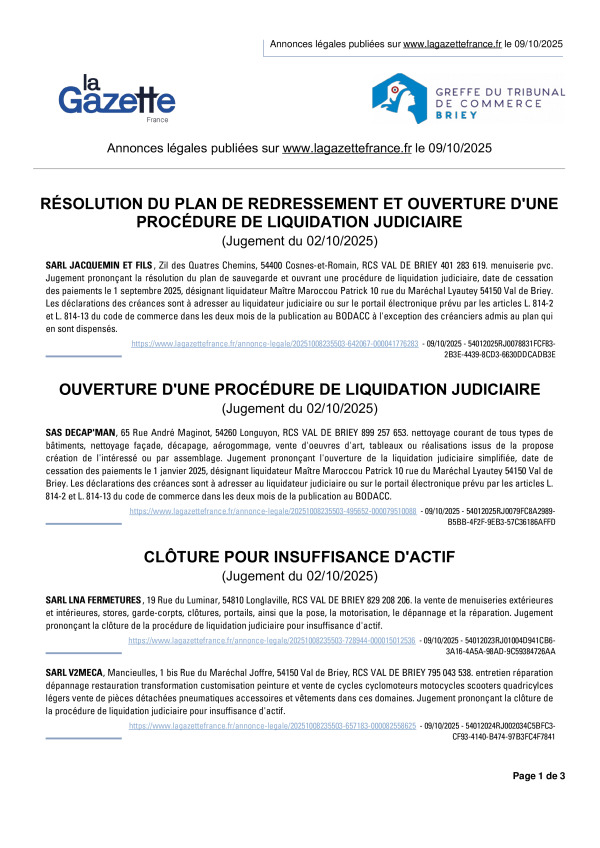 Annonces légales publiées le 09/10/2025
