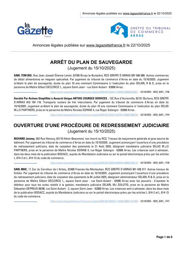 Annonces légales publiées le 22/10/2025