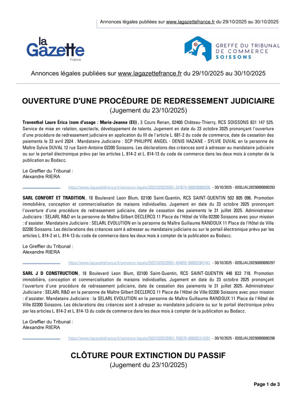 Annonces légales publiées du 29/10/2025 au 30/10/2025