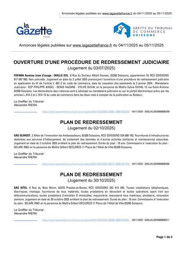 Annonces légales publiées du 04/11/2025 au 05/11/2025