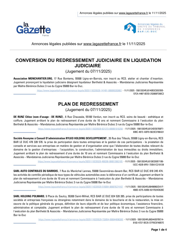 Annonces légales publiées le 11/11/2025