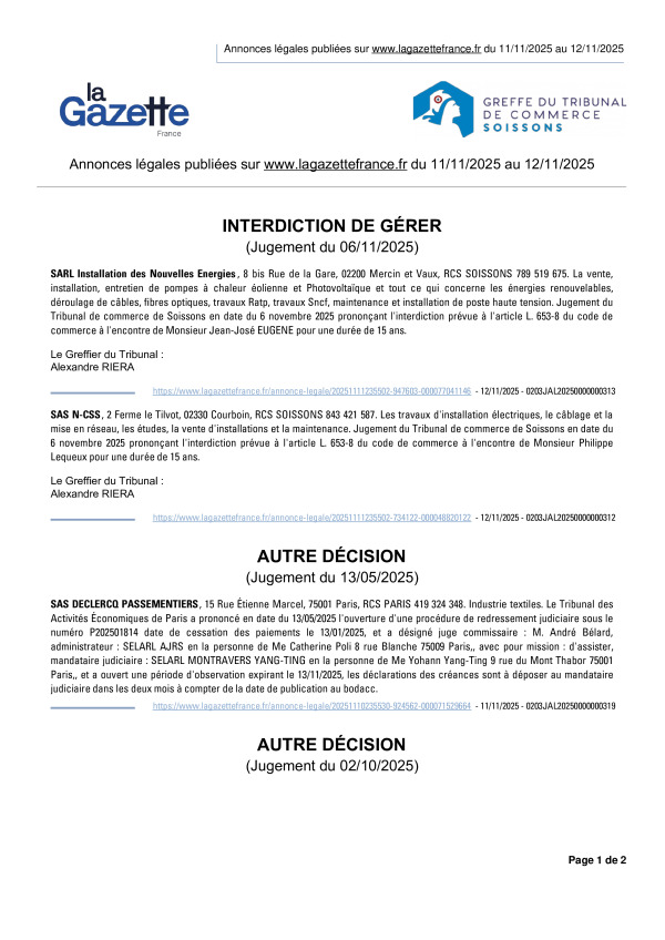 Annonces légales publiées du 11/11/2025 au 12/11/2025