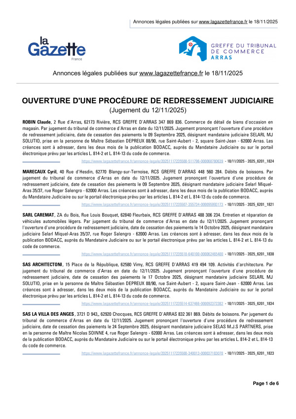 Annonces légales publiées le 18/11/2025