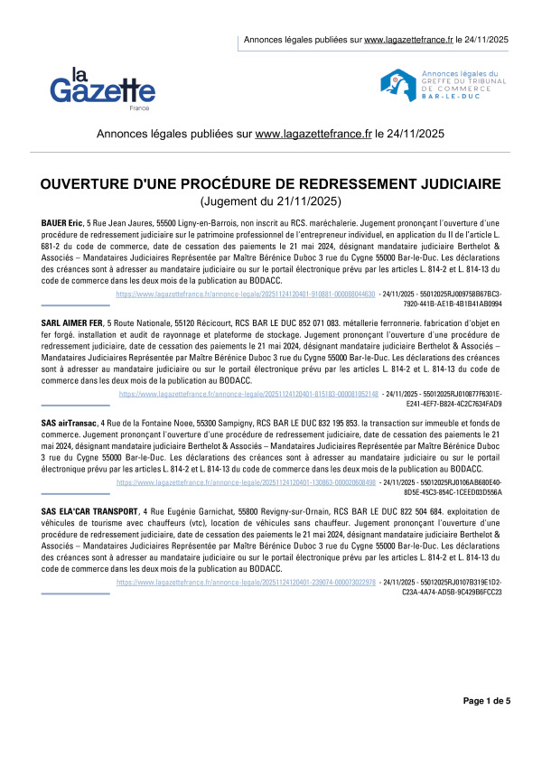 Annonces légales publiées le 24/11/2025