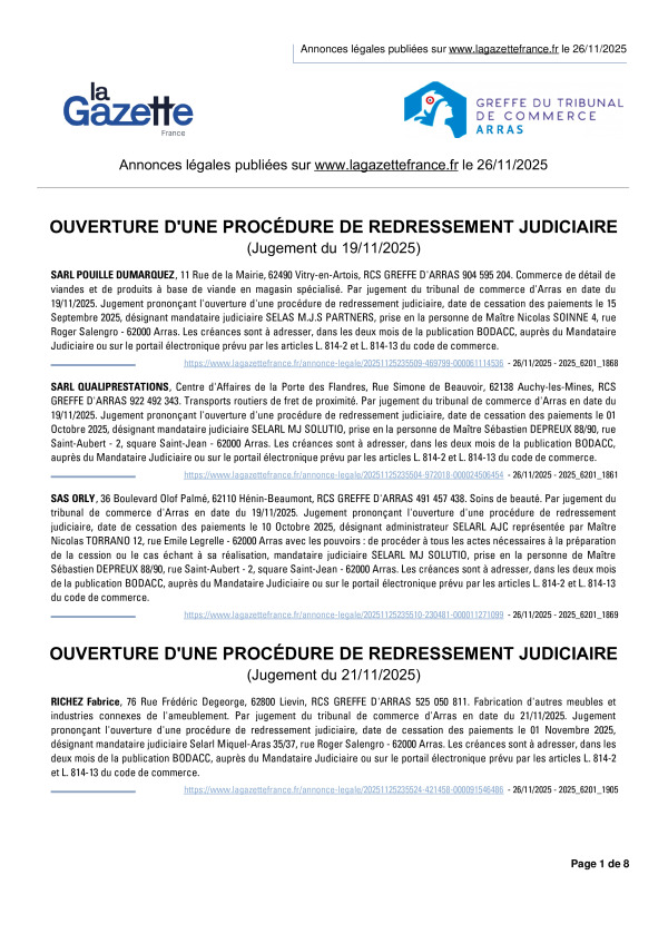 Annonces légales publiées le 26/11/2025