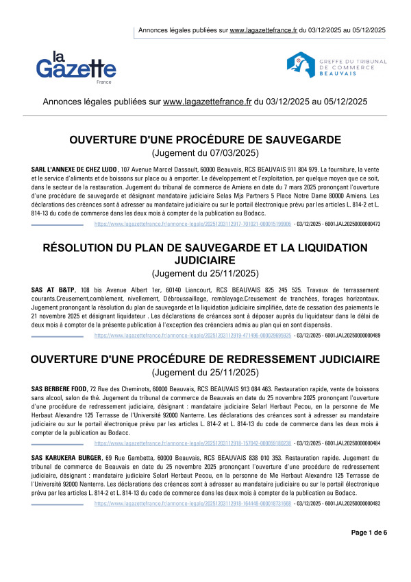 Annonces légales publiées du 03/12/2025 au 05/12/2025