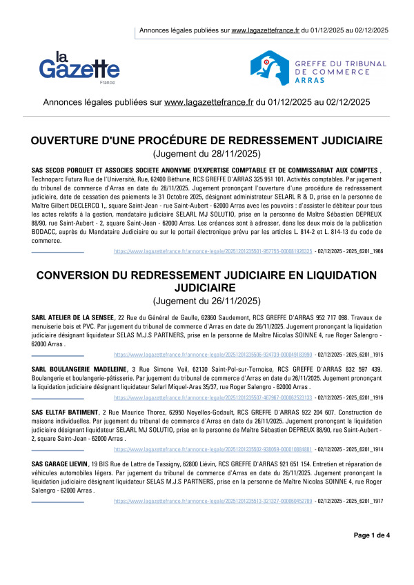 Annonces légales publiées du 01/12/2025 au 02/12/2025