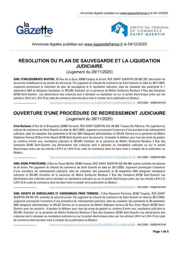 Annonces légales publiées le 04/12/2025