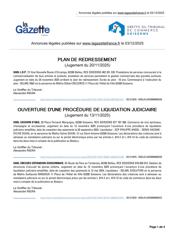 Annonces légales publiées le 03/12/2025