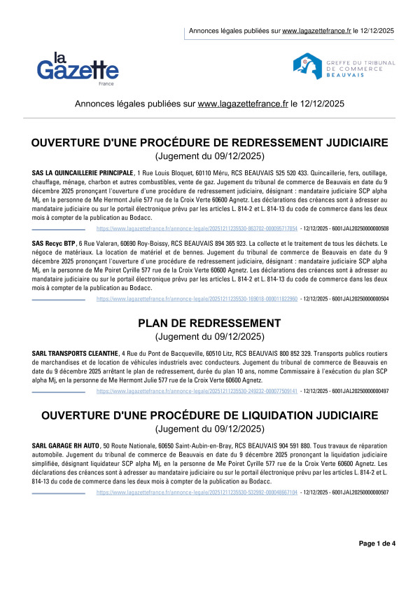 Annonces légales publiées le 12/12/2025