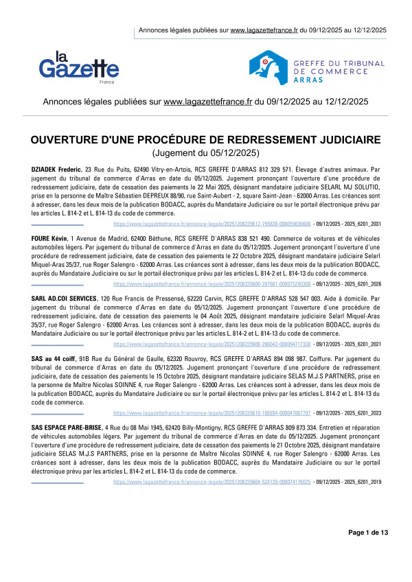 Annonces légales publiées du 09/12/2025 au 12/12/2025