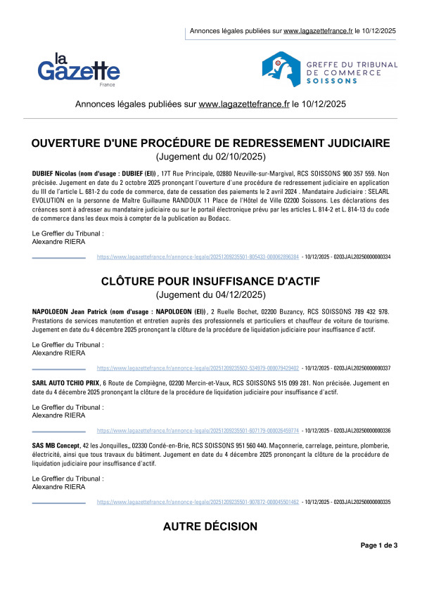 Annonces légales publiées le 10/12/2025