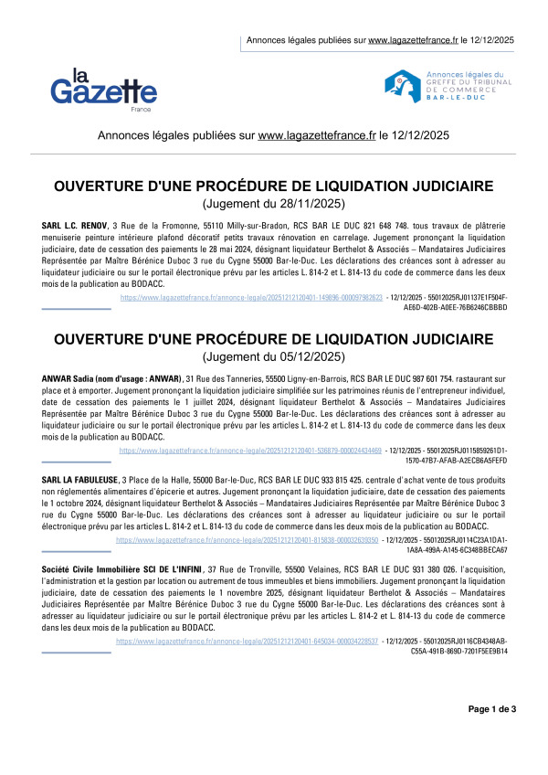 Annonces légales publiées le 12/12/2025