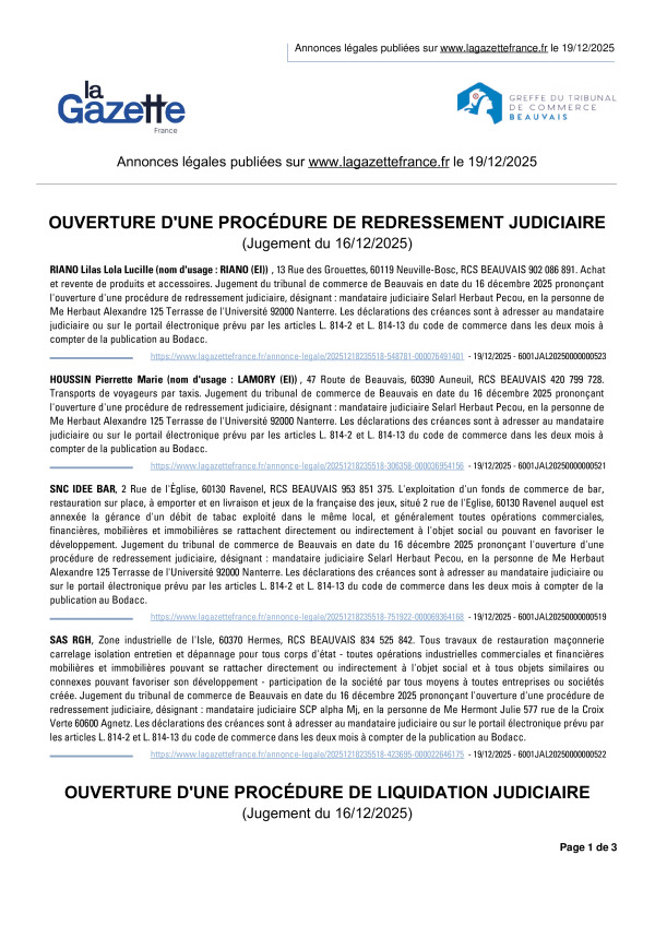 Annonces légales publiées le 19/12/2025