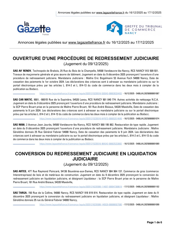 Annonces légales publiées du 16/12/2025 au 17/12/2025