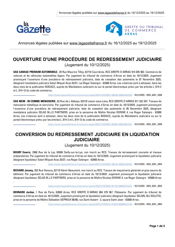 Annonces légales publiées du 16/12/2025 au 19/12/2025