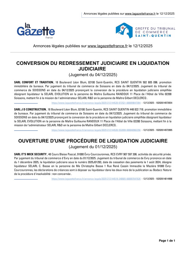 Annonces légales publiées le 12/12/2025