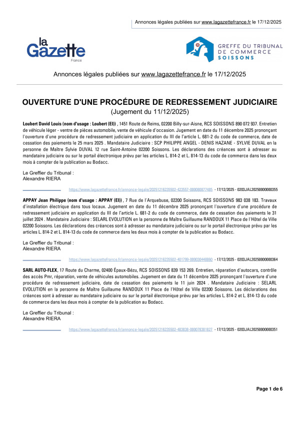 Annonces légales publiées le 17/12/2025