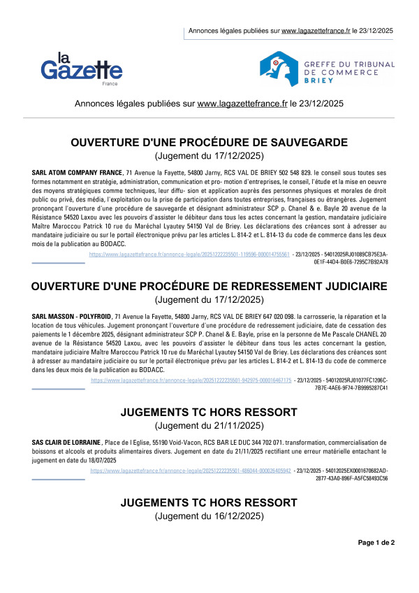 Annonces légales publiées le 23/12/2025
