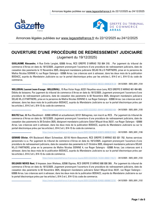 Annonces légales publiées du 22/12/2025 au 24/12/2025
