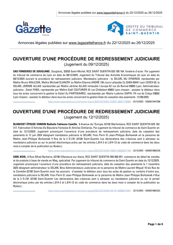 Annonces légales publiées du 22/12/2025 au 26/12/2025