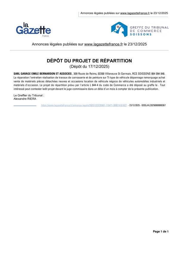 Annonces légales publiées le 23/12/2025