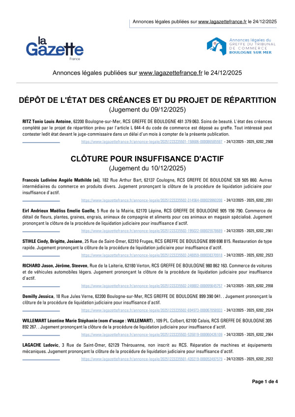 Annonces légales publiées le 24/12/2025