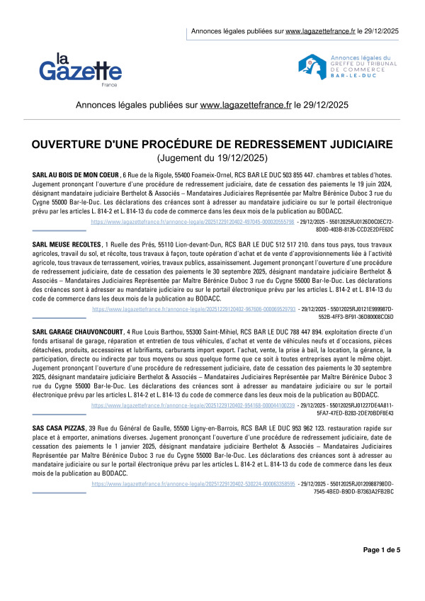 Annonces légales publiées le 29/12/2025