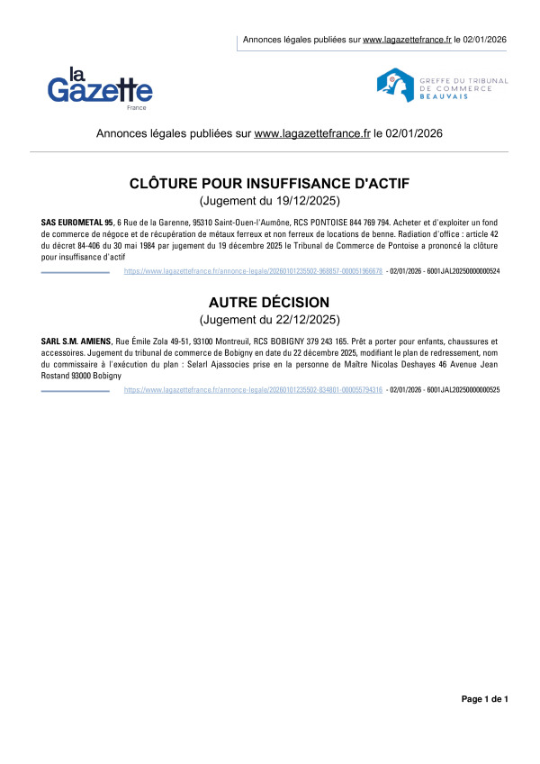 Annonces légales publiées le 02/01/2026