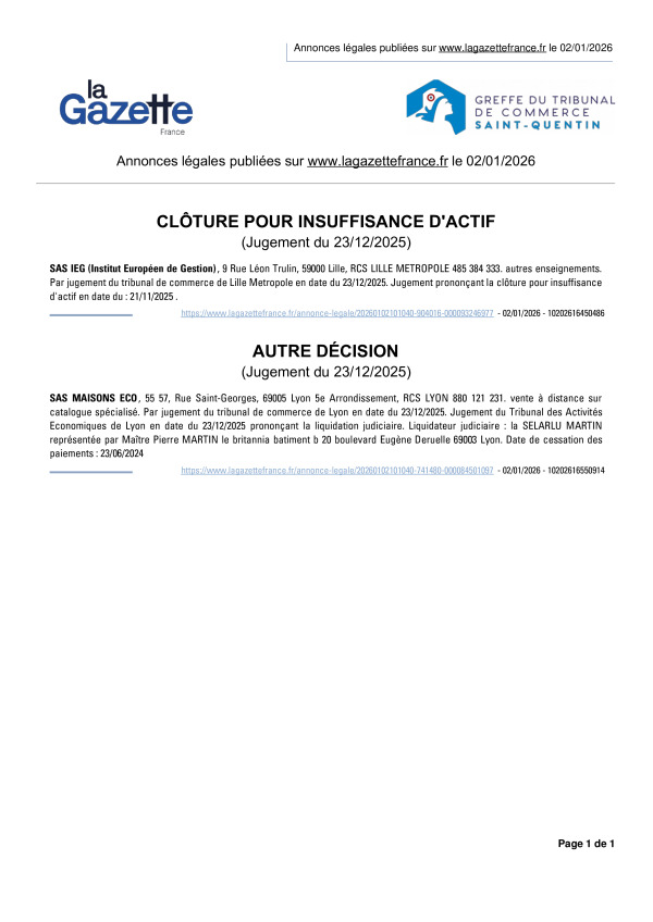 Annonces légales publiées le 02/01/2026