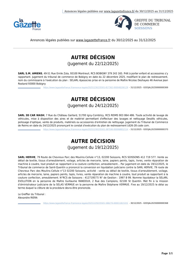 Annonces légales publiées du 30/12/2025 au 31/12/2025