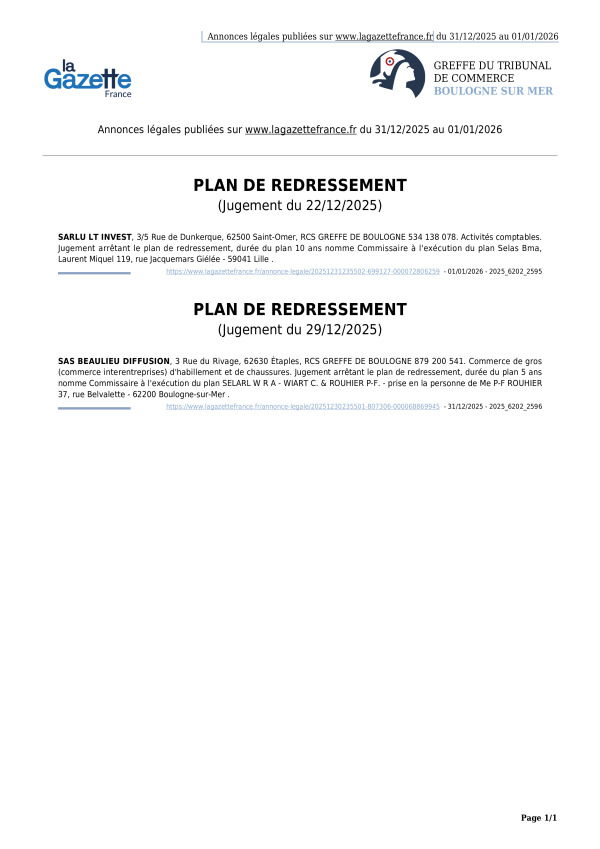 Annonces légales publiées du 31/12/2025 au 01/01/2026