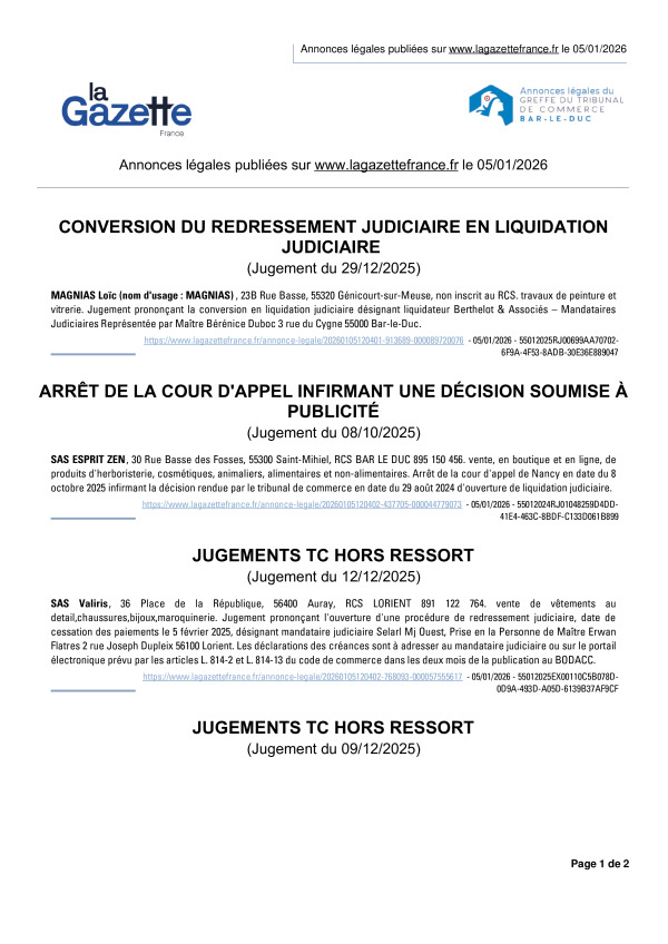 Annonces légales publiées le 05/01/2026