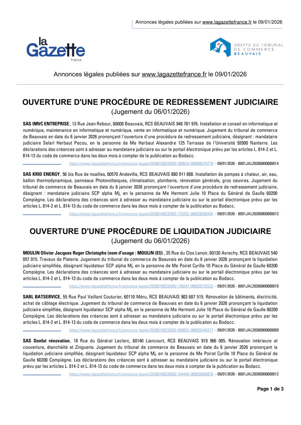 Annonces légales publiées le 09/01/2026