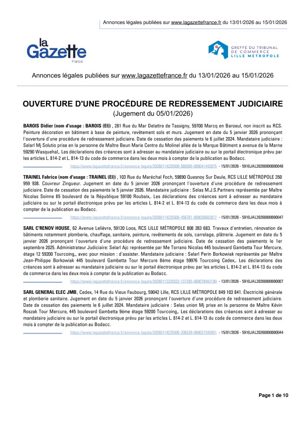 Annonces légales publiées du 13/01/2026 au 15/01/2026