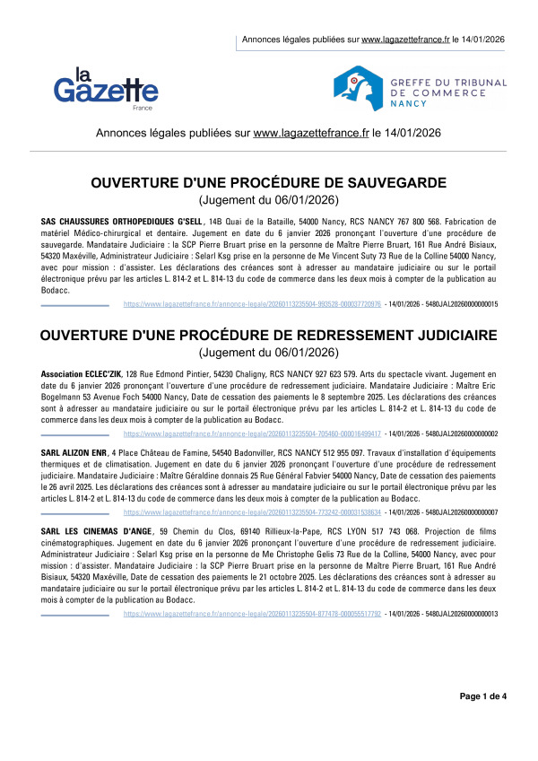 Annonces légales publiées le 14/01/2026