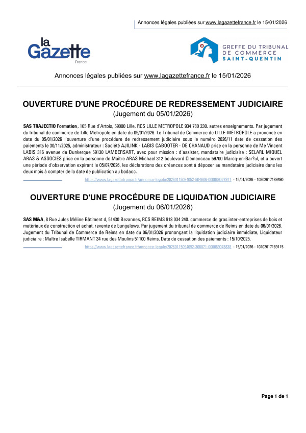 Annonces légales publiées le 15/01/2026
