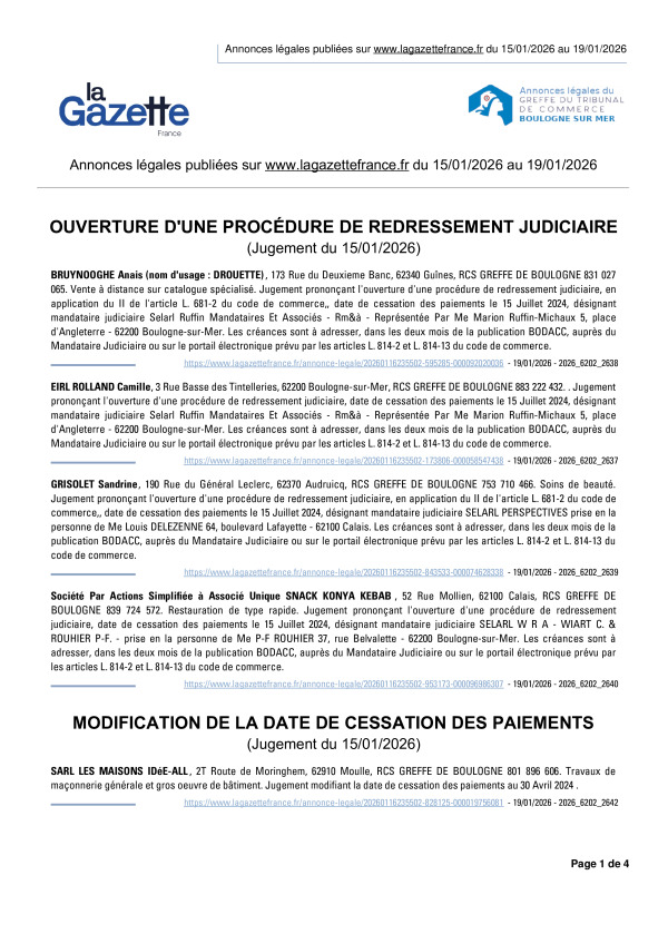 Annonces légales publiées du 15/01/2026 au 19/01/2026
