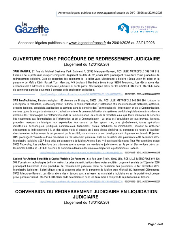 Annonces légales publiées du 20/01/2026 au 22/01/2026