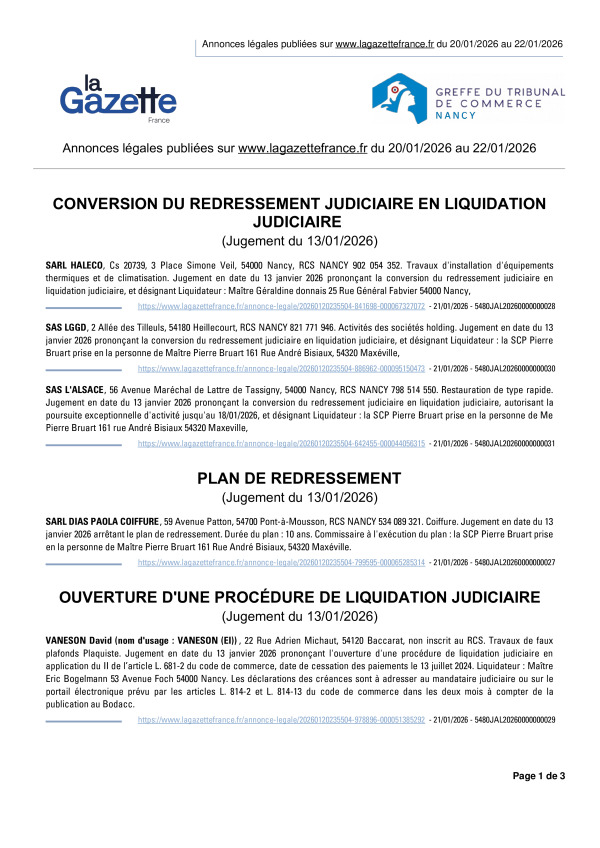Annonces légales publiées du 20/01/2026 au 22/01/2026